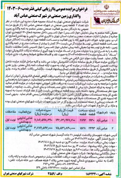 مزایده واگذاری زمین صنعتی 