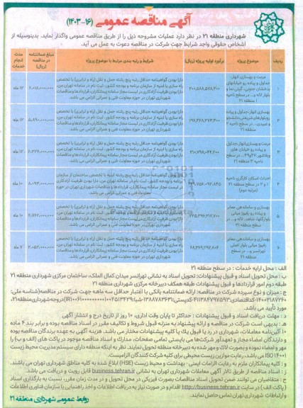 مناقصه مرمت و بهسازی انهار جداول و پیاده رو خیابانهای...