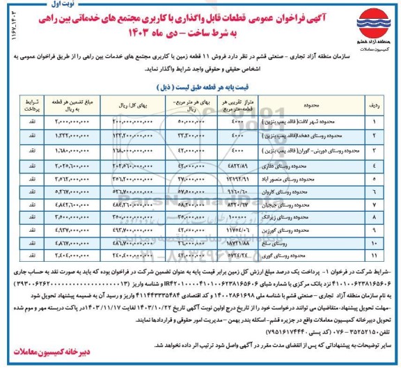 فراخوان فروش 11 قطعه زمین با کاربری مجتمع های خدماتی بین راهی به شرط ساخت