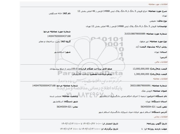 مزایده، فروش 3 دانگ از 6 دانگ پلاک ثبتی 14968 فرعی ز 46 اصلی بخش 12 تهران