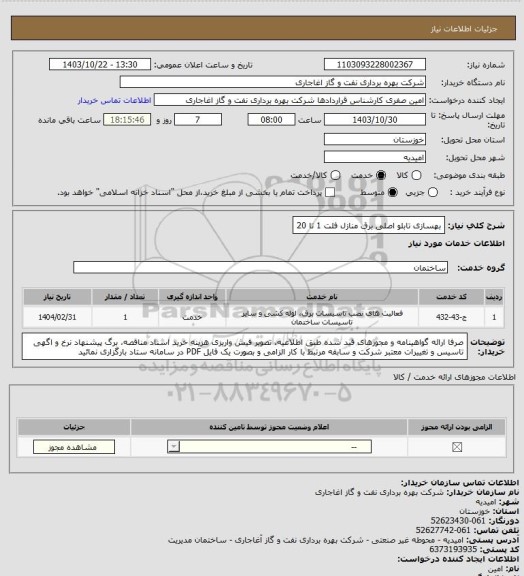 استعلام بهسازی تابلو اصلی برق منازل فلت 1 تا 20