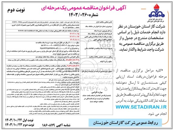 مناقصه پیمان پایش و انالیز تراز گاز ... نوبت دوم