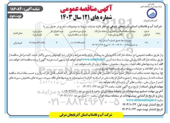 مناقصه عملیات چاه عمیق شماره 9 بستان آباد  - نوبت دوم