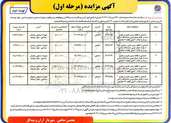 مزایده واگذاری 5 قطعه زمین- نوبت دوم 