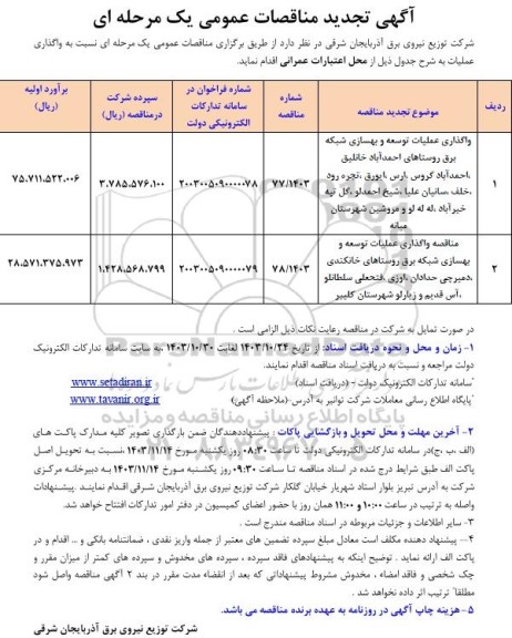 مناقصه واگذاری عملیات توسعه و بهسازی شبکه برق .... تجدید