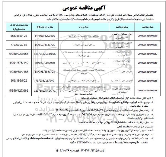 مناقصه اجرای جدولگذاری کفسازی سنگ و پازل پرسی و رگلاژ زیرسازی و آسفالت سرد...