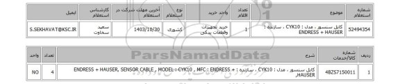 استعلام کابل سنسور ، مدل : CYK10 ، سازنده : ENDRESS + HAUSER