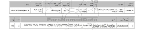 استعلام انواع شیرها واکچویتورهای ابزاردقیقی وقطعات مربوطه