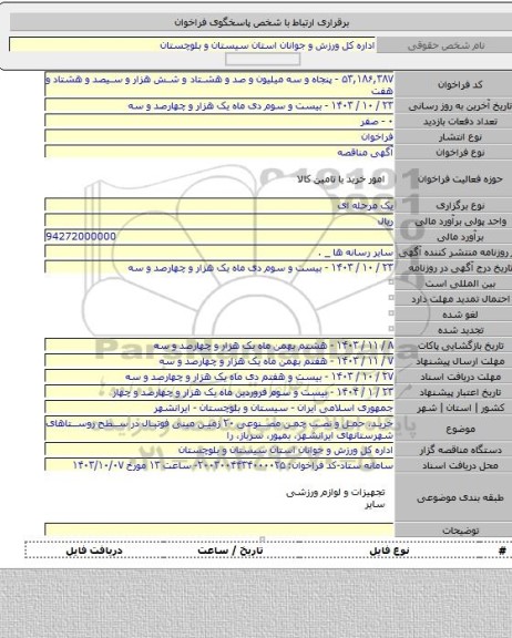 مناقصه, خرید، حمل و نصب چمن مصنوعی ۲۰ زمین مینی فوتبال در سطح روستاهای شهرستانهای ایرانشهر، بمپور، سرباز، را