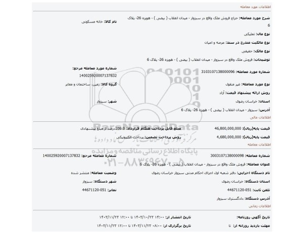 مزایده، فروش ملک واقع در سبزوار - میدان انقلاب ( بیضی ) - هویزه 26- پلاک 6