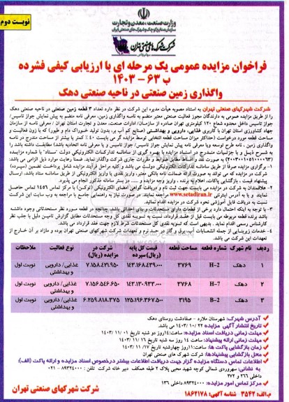 مزایده واگذاری زمین صنعتی در ناحیه صنعتی دهک - نوبت دوم 