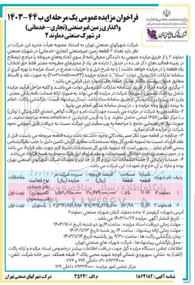 مزایده واگذاری زمین غیر صنعتی (تجاری - خدماتی) 