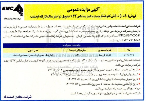 مزایده عمومی فروش (10 % ±) 500 تن کلوخه کرومیت با عیار میانگین 42% 