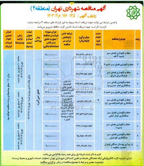 مناقصه حفظ و نگهداری فضای سبز ناحيه ٣ الف.....