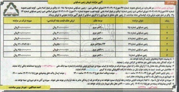  مزایده فروش زمین مسکونی عرصه 200 و 258.43 و 300 متر مربع 
