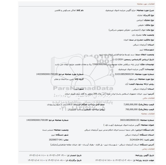 مزایده، آگهـی مـزایده امـوال غیرمنقـول