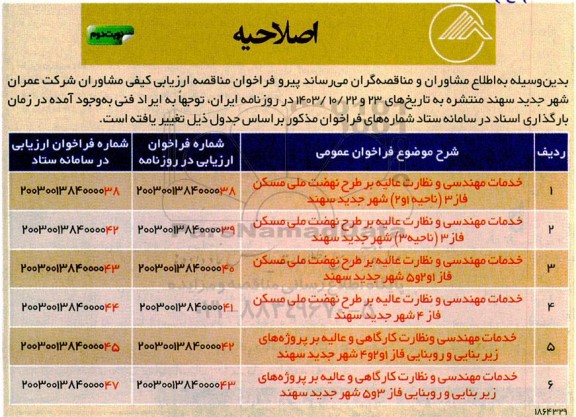 اصلاحیه فراخوان مناقصه ارزیابی کیفی مشاوران شرکت عمران ...- نوبت دوم
