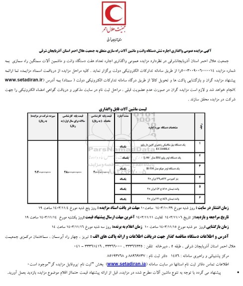 مزایده واگذاری اجاره شش دستگاه وانت و ماشین آلات راه سازی