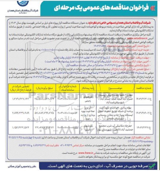 مناقصه حفاری 1 حلقه چاه مکانیکی...