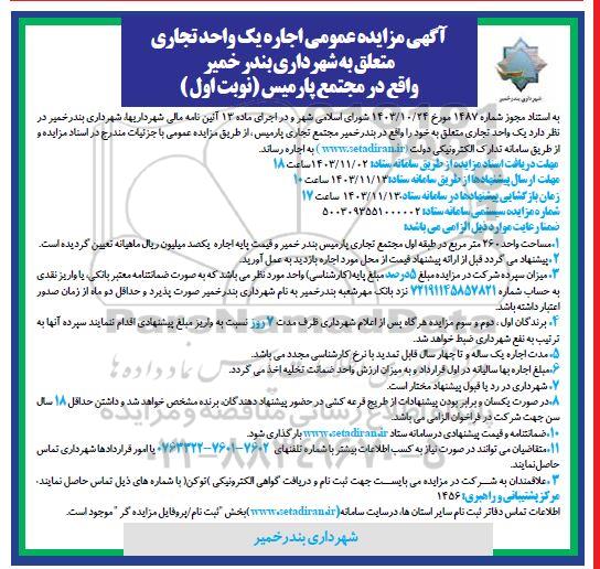 مزایده عمومی اجاره یک واحد تجاری 