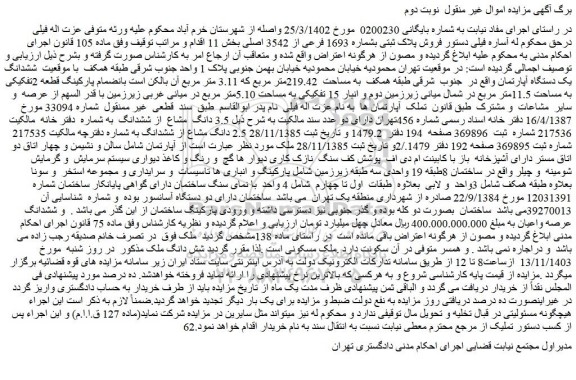 مزایده فروش پلاک ثبتی بشماره 1693 فرعی از 3542 اصلی