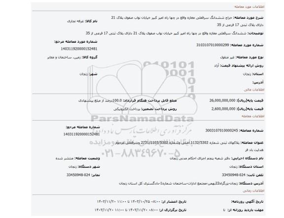 مزایده، ششدانگ سرقفلی مغازه واقع در چها راه امیر کبیر خیابان نواب صفوی پلاک 21 دارای پلاک ثبتی 17 فرعی از 35