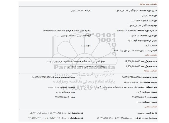 مزایده، آگهی مال غیر منقول