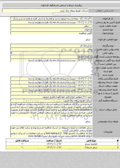 مناقصه, خرید ۲۰۰ کیلومتر انواع کابل خودنگهدار فشار ضعیف