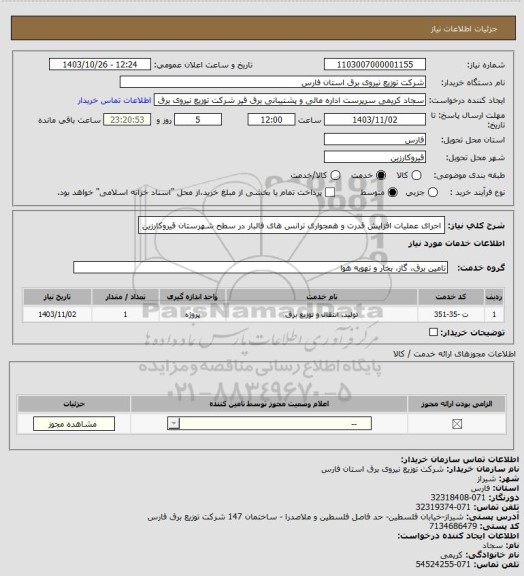 استعلام اجرای عملیات افزایش قدرت و همجواری ترانس های فالبار در سطح شهرستان قیروکارزین