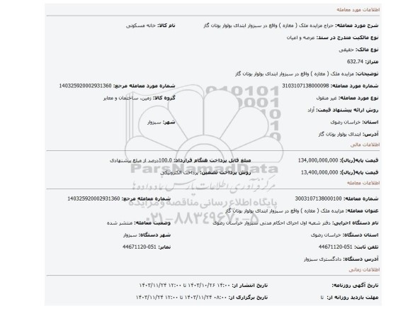 مزایده، مزایده ملک ( مغازه ) واقع در سبزوار ابتدای بولوار بوتان گاز