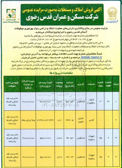 مزایده فروش املاک و مستغلات