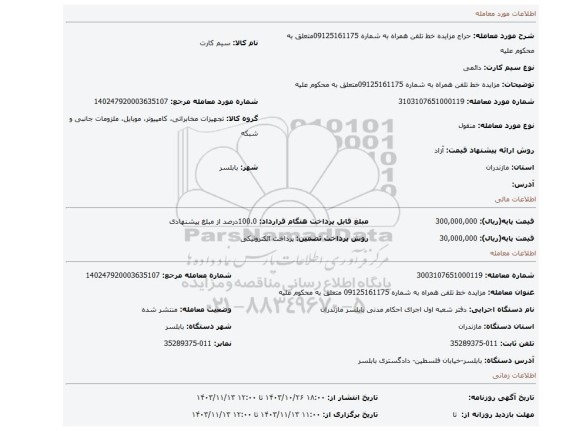 مزایده، مزایده خط تلفن همراه به شماره  09125161175متعلق به محکوم علیه