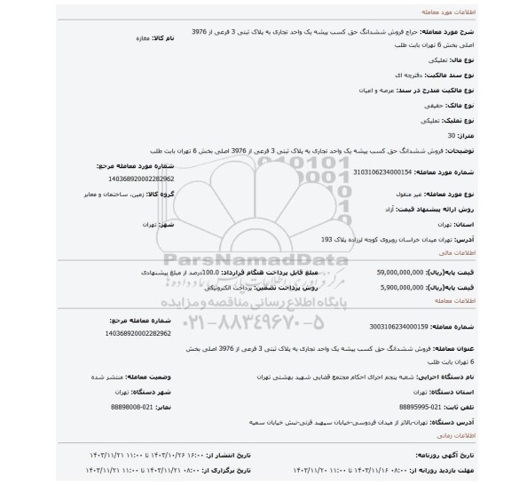 مزایده، فروش ششدانگ حق کسب پیشه یک واحد تجاری به پلاک ثبتی 3 فرعی از 3976 اصلی بخش 6 تهران بابت طلب