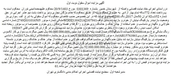 مزایده الف .سواری بنز E200.مدل 2017رنگ مشکی -سواری کار لکسوس NX300Hرنگ مشکی