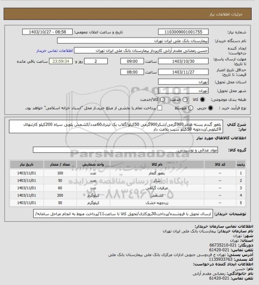 استعلام بلغور گندم بسته های 900گرمی/شکر900گرمی 50کیلو/گلاب یک لیتری60عدد/کشمش پلویی سیاه 200کیلو کارتنهای 9کیلویی/زردچوبه 50کیلو سیب یلامت دار