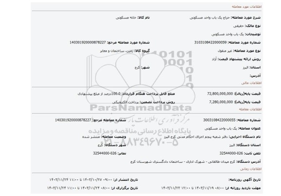 مزایده، یک باب واحد مسکونی