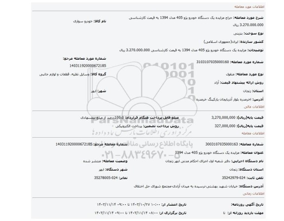 مزایده، مزایده یک دستگاه خودرو پژو  405 مدل 1394  به قیمت کارشناسی 3.270.000.000 ریال