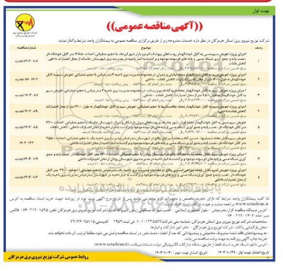 مناقصه عمومی اجرای پروژه تعویض سیم مسی به کابل خودنگهدار روستاهای پیوشک...