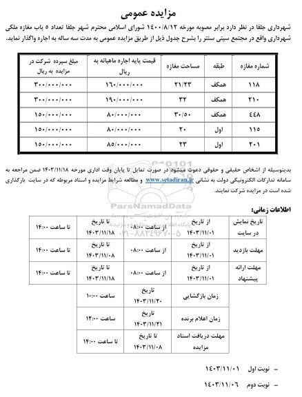 مزایده واگذاری تعداد 5 باب مغازه ملکی