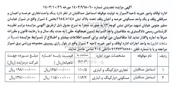 آگهی مزایده تجدیدی یک واحد تجاری عرصه و اعیان و سرقفلی وقف ...