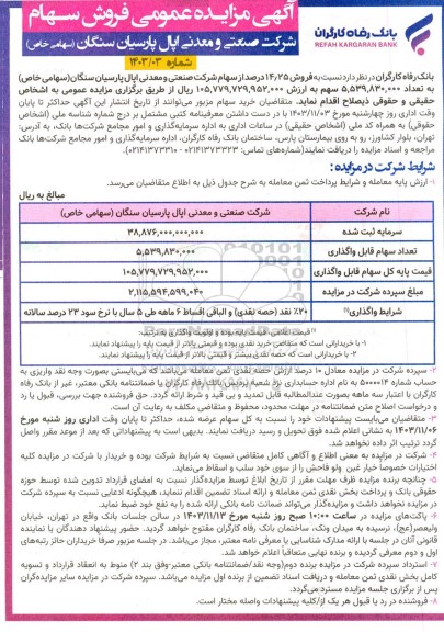 مزایده فروش سهام شرکت صنعتی و معدنی اپال پارسیان سنگان