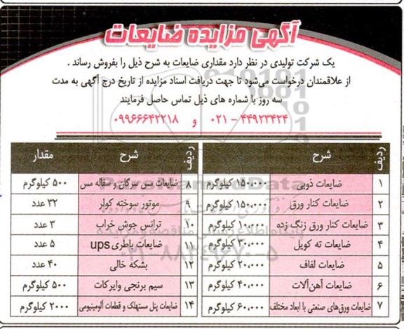 مزایده فروش مقداری ضایعات...