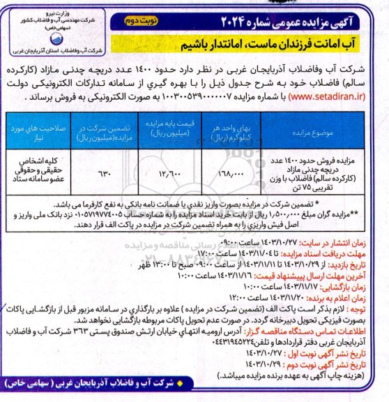 آگهی مزایده عمومی حدود 1400 عدد دریچه چدنی مازاد نوبت دوم