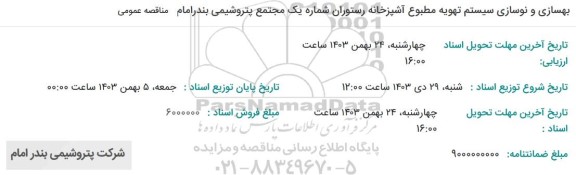 مناقصه بهسازی و نوسازی سیستم تهویه مطبوع آشپزخانه رستوران شماره یک مجتمع