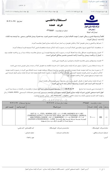 استعلام درخواست تامین 20 تن گریت