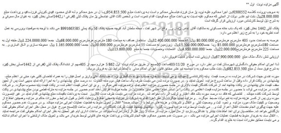مزایده پلاک ثبتی 0فرعی ا ز1442اصلی بخش 6یزد