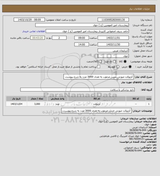استعلام آنژیوکت صورتی جنس مرغوب به تعداد 3000 عدد به شرح پیوست.
