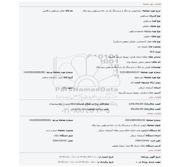 مزایده، فروش دو دانگ از ششدانگ یک باب خانه مسکونی بدون پلاک