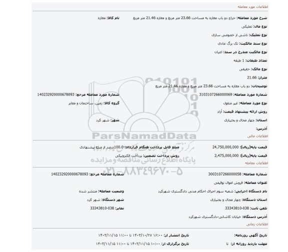 مزایده، دو باب مغازه به مساحت 23.66 متر مربع و مغازه 21.46 متر مربع