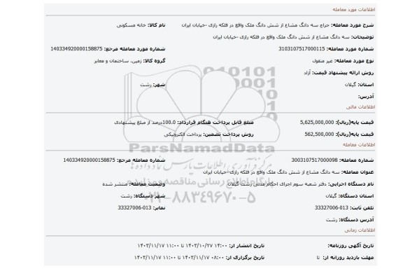 مزایده، سه دانگ مشاع از شش دانگ ملک واقع در فلکه رازی -خیابان ایران